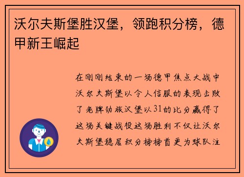 沃尔夫斯堡胜汉堡，领跑积分榜，德甲新王崛起